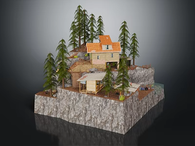 Two Houses On Rocky Terrain With Orange Roof Wooden Structure And Surrounding Pine Trees 3d model