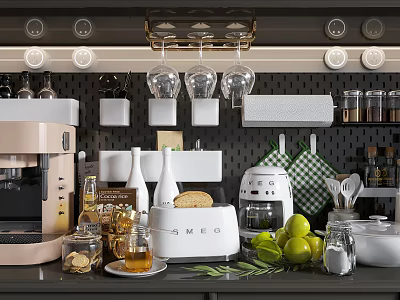 Modern Kitchen Utensils And Appliances With Coffee Machine Toaster Glasses Fruits And Jars 3d model