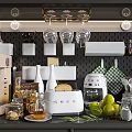 Modern Kitchen Utensils And Appliances With Coffee Machine Toaster Glasses Fruits And Jars