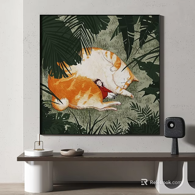 Vibrant Wall Art with Cat and Girl Sleeping Among Tropical Green Leaves 3d model 