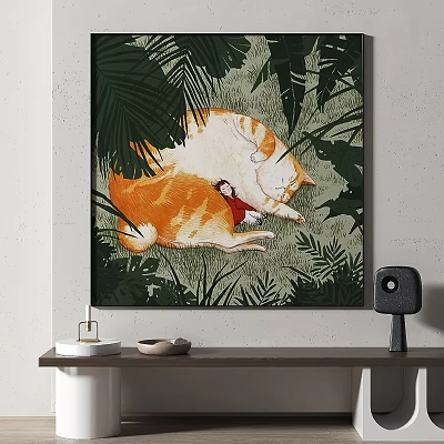 Vibrant Wall Art with Cat and Girl Sleeping Among Tropical Green Leaves 3d model