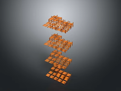3D Orange Geometric Blocks Stacked In Layered Abstract Structure Design 3d model