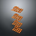 3D Orange Geometric Blocks Stacked In Layered Abstract Structure Design