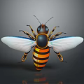 Realistic 3D Bee Model With Yellow Black Stripes And Transparent Wings