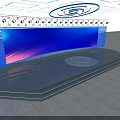 Modern Stage With Large Deep Blue Screen Geometric Ceiling Lines And Circular Halo Lights
