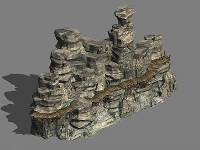 Artistic Garden Landscape Featuring Stacked Rock Formations And Wooden Plank Walkway Design 3d model