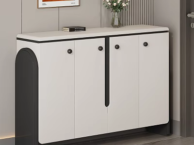 Modern White And Black Shoe Cabinet Featuring Round Handles Curved Side Design And Decorative Top 3d model
