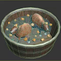 Wooden Bucket With Two Capybaras And Scattered Yellow Fruits As Daily Supplies