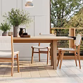 Modern Restaurant Interior With Wooden Dining Table Chairs Pendant Lights And Green Trees Outside Windows