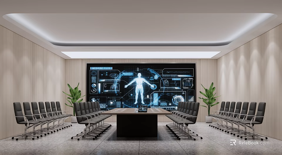 Hi Tech Conference Room With Large Digital Screen Long Table Ergonomic Chairs And Green Plants 3d model 