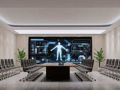 Hi Tech Conference Room With Large Digital Screen Long Table Ergonomic Chairs And Green Plants 3d model