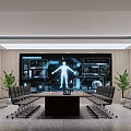 Hi Tech Conference Room With Large Digital Screen Long Table Ergonomic Chairs And Green Plants