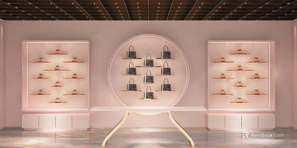 Elegant Pink Modern Boutique Interior With Circular Handbag Display And Shoe Shelves 3d model 