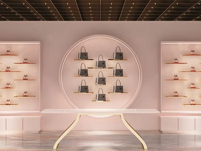 Elegant Pink Modern Boutique Interior With Circular Handbag Display And Shoe Shelves 3d model