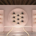 Elegant Pink Modern Boutique Interior With Circular Handbag Display And Shoe Shelves