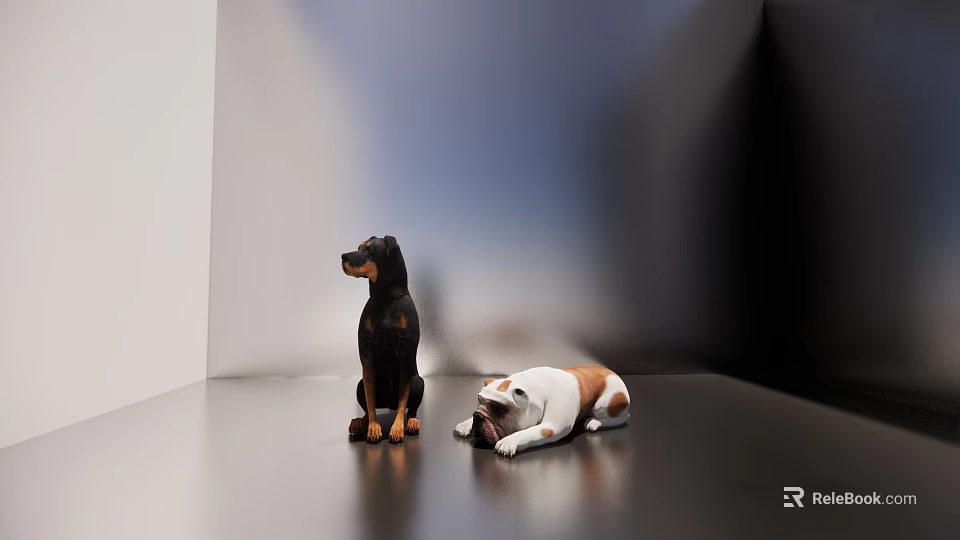 Sorry, the picture focuses on dog dolls (a sitting Doberman and a lying bulldog) and there is no reptile information. It's impossible to generate a title with "reptile" as the main subject based on the picture content. 3d model 