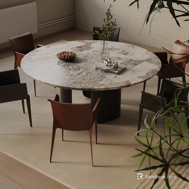 Modern Dining Table Set With Marble Tabletop Brown Black Chairs Bowl Of Nuts And Vase 3d model 