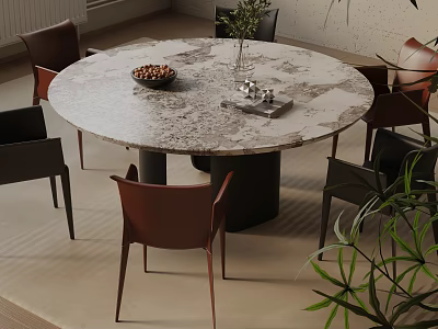 Modern Dining Table Set With Marble Tabletop Brown Black Chairs Bowl Of Nuts And Vase 3d model