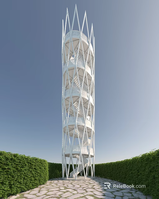 Road Infrastructure Modern Spiral Tower With White Metal Frame And Greenery Under Blue Sky 3d model 