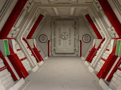 Cartoon Scene of Spaceship Interior Corridor with Red and White Design and Circular Windows 3d model