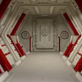 Cartoon Scene of Spaceship Interior Corridor with Red and White Design and Circular Windows