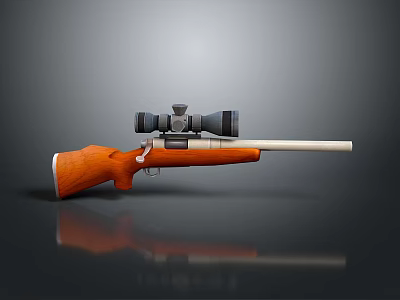 Tactical Precision Rifle With Wooden Stock And Mounted Scope On Reflective Black Surface 3d model