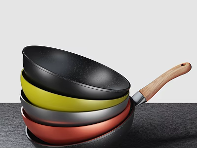 Colorful Non Stick Pans With Wooden Handles Stacked On Dark Kitchen Countertop 3d model