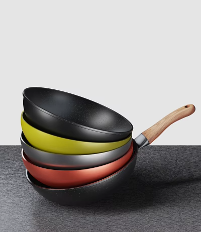 Colorful Non Stick Pans With Wooden Handles Stacked On Dark Kitchen Countertop 3d model