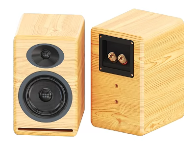 Wooden Audio Speakers Front With Dual Black Drivers Back Gold Connectors Natural Pine Finish 3d model