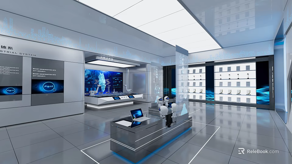 Modern Tech Exhibition Hall With Digital Screens Display Racks And Workstations 3d model