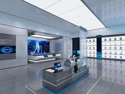 Modern Tech Exhibition Hall With Digital Screens Display Racks And Workstations 3d model