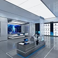 Modern Tech Exhibition Hall With Digital Screens Display Racks And Workstations 3d model