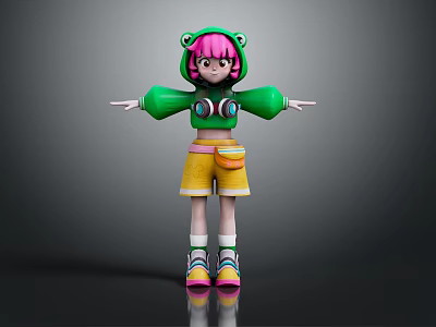 Playful Character With Frog Inspired Green Hoodie Yellow Shorts Colorful Shoes Outstretched Arms Dark Background 3d model
