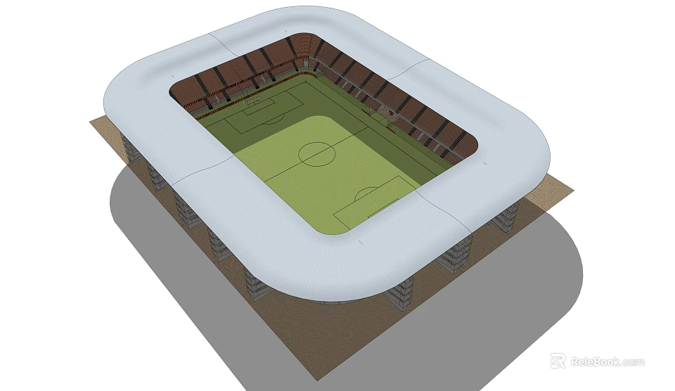 Modern Stadium Architectural Design With White Roof Green Football Field And Brown Seats 3d model 