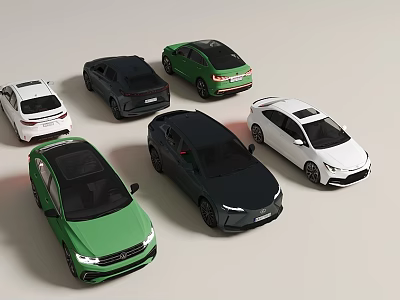 Multiple Different Color Cars Various Models Display On White Background Surface 3d model