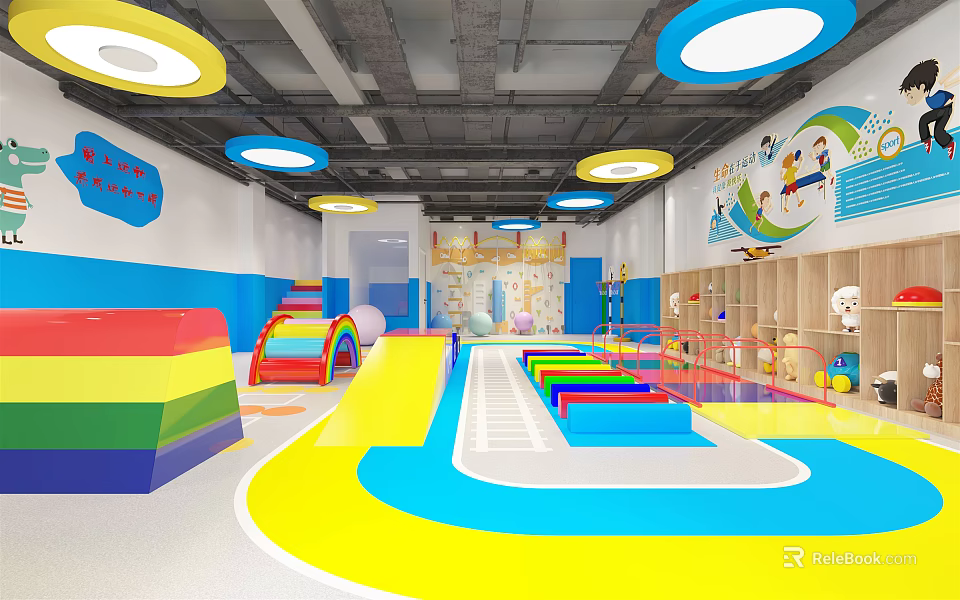 Kindergarten Indoor Playground with Rainbow Slide Colorful Mats and Ceiling Lights 3d model 