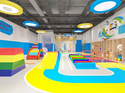 Kindergarten Indoor Playground with Rainbow Slide Colorful Mats and Ceiling Lights 3d model