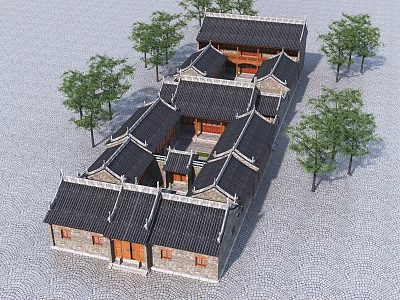 Traditional Chinese Ancient Architecture With Black Tiled Roofs Courtyard Layout And Surrounding Trees 3d model