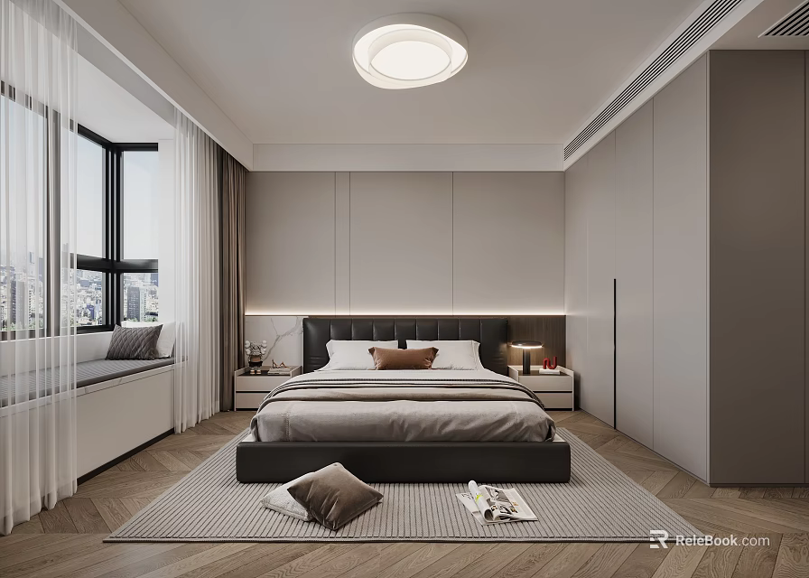 Modern Minimalist Bedroom Interior Design With Bed Large Window Curtain Bedside Table And Wardrobe Rug 3d model 