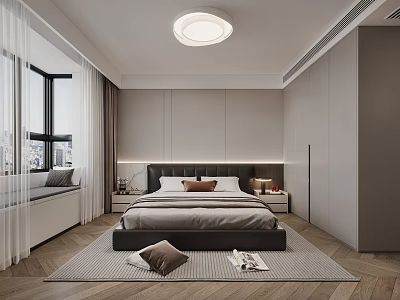 Modern Minimalist Bedroom Interior Design With Bed Large Window Curtain Bedside Table And Wardrobe Rug 3d model