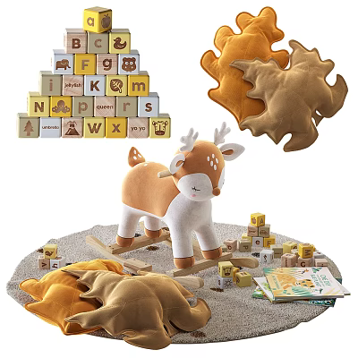 Kids Play Area With Alphabet Blocks Deer Rocking Horse Leaf Cushions And Books 3d model