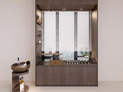 Modern Wooden Sideboard with Open Shelves Wine Bowl Bottles and Window Blinds 3d model