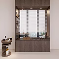 Modern Wooden Sideboard with Open Shelves Wine Bowl Bottles and Window Blinds