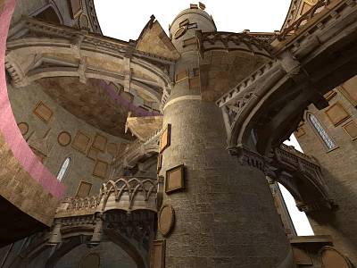 Medieval Architecture With Tower Arched Structures Stone Carvings And Ornate Staircases 3d model