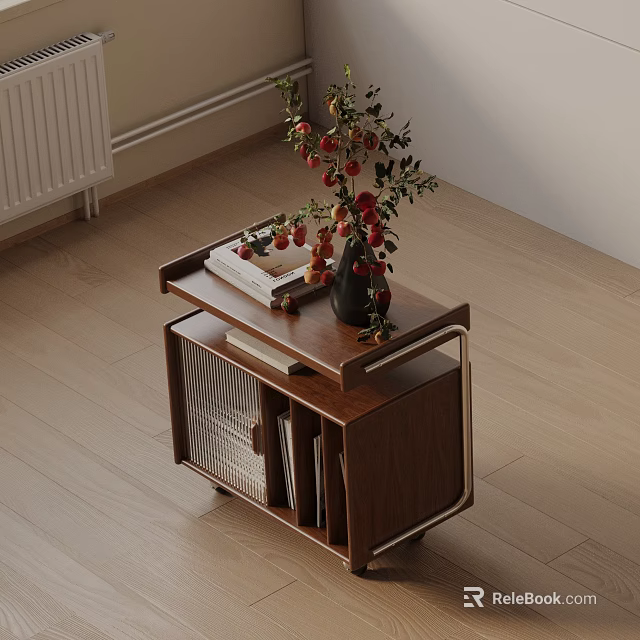 Wooden Bedside Table With Open Shelf Red Berries Vase And Stacked Books 3d model 