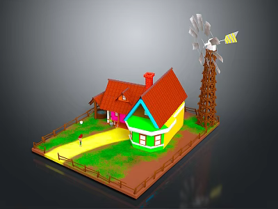 Cartoon Scene with Colorful Houses Red Roof Windmill Wooden Fence and Green Grass 3d model