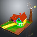 Cartoon Scene with Colorful Houses Red Roof Windmill Wooden Fence and Green Grass