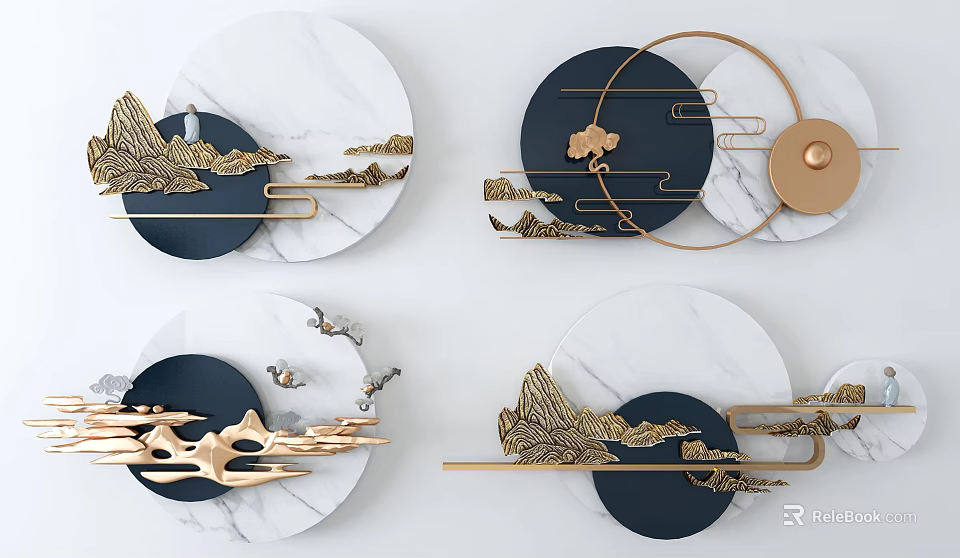 Chinese Style Marble Circular Wall Decor with Golden Mountain Cloud Patterns 3d model