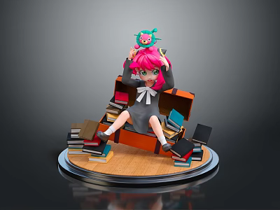Girl With Pink Hair Green Eyes Sitting On Orange Bookshelf With Little Green Bird 3d model