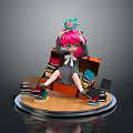 Girl With Pink Hair Green Eyes Sitting On Orange Bookshelf With Little Green Bird